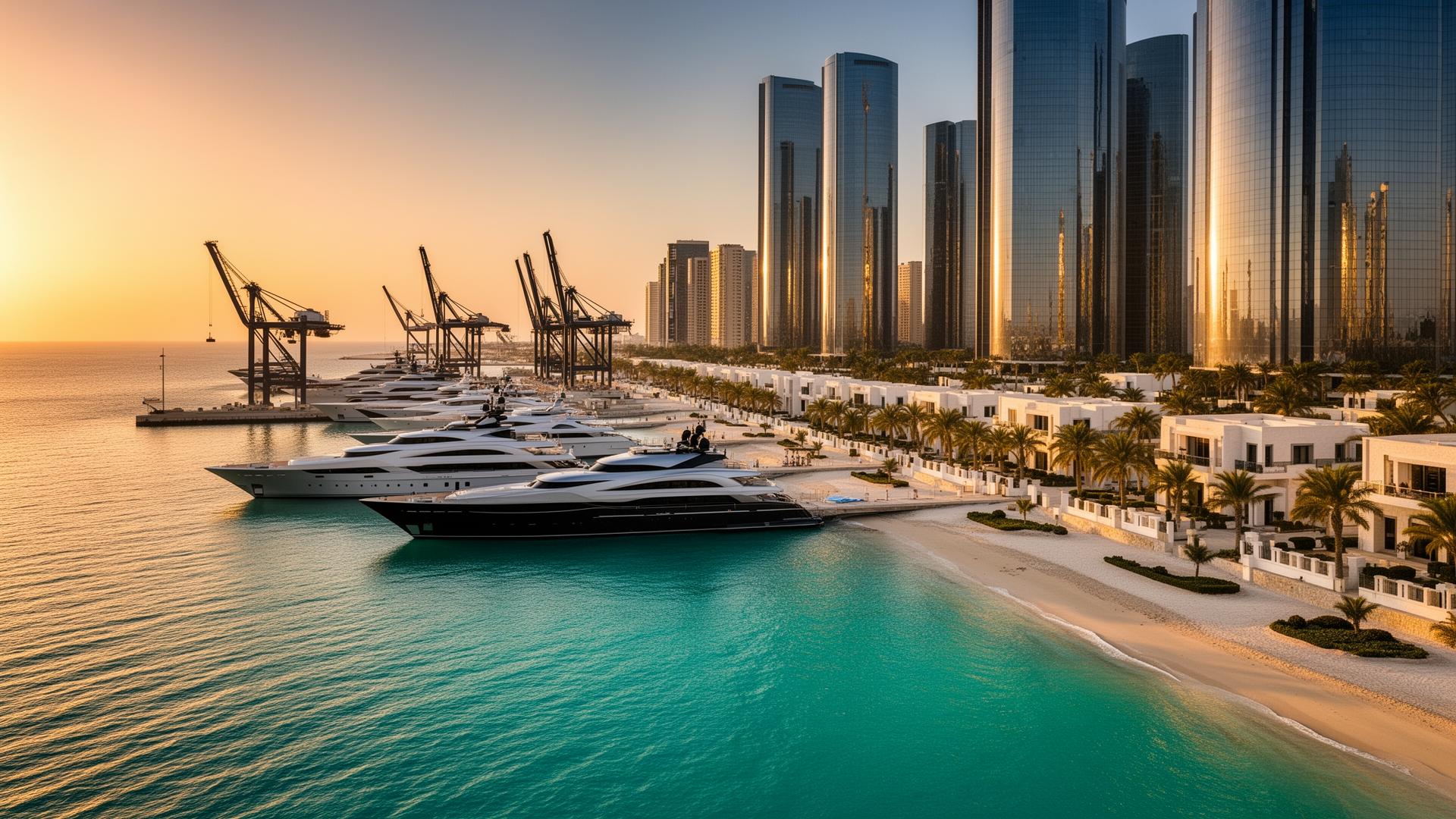 Future Somali coastline: luxury marina, deep-water port, skyscrapers and beach houses along a turquoise shore