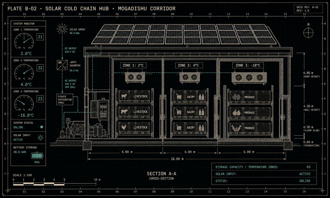 Blueprint cross-section of a solar-powered cold storage facility with three temperature zones