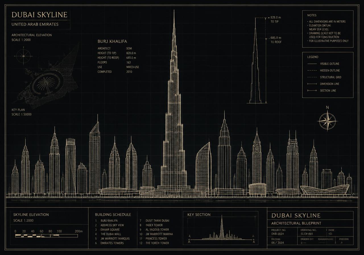 Dubai skyline architectural blueprint reference render