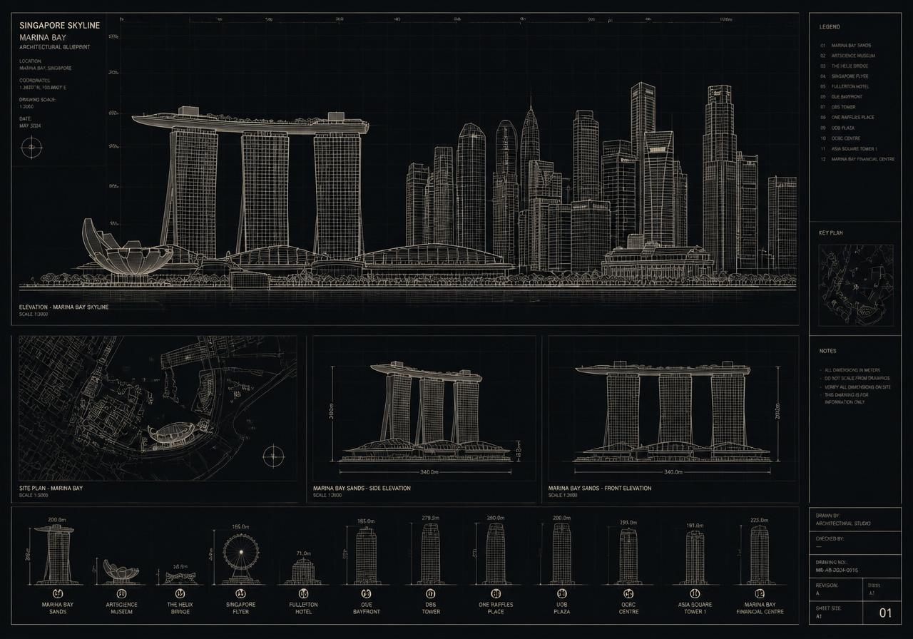 Singapore Marina Bay skyline architectural blueprint reference render
